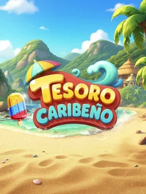 Ilustración de Tesoro Caribeño con playa, paleta tricolor y sombrilla