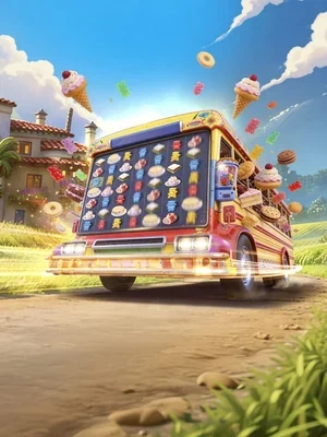 Ilustración de Dulzura Tricolor con bus de dulces frente a un pueblo