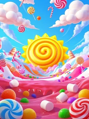 Ilustración de Sugar Rush Super Scatter con sol en espiral y paisaje de caramelos
