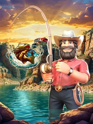 Ilustración de Big Bass Splash 1000 con pescador, caña y lago entre rocas
