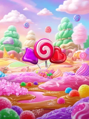 Ilustración de Sweet Bonanza 1000 con piruleta rosa, caramelo morado y corazón rojo