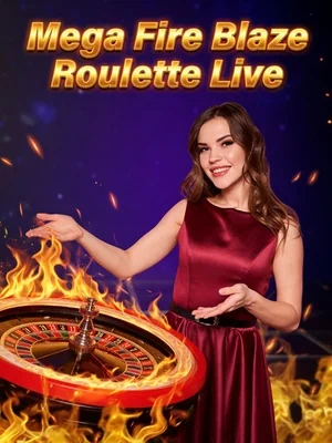 Crupier con vestido burdeos junto a una ruleta rodeada de llamas en Mega Fire Blaze Roulette Live