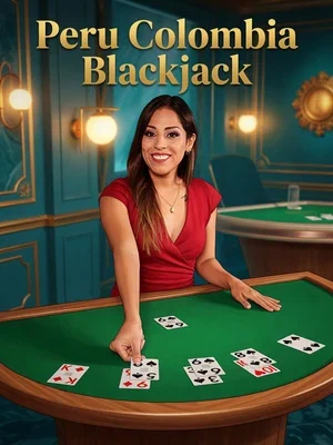 Crupier con vestido rojo y cartas sobre una mesa verde en Peru Colombia Blackjack