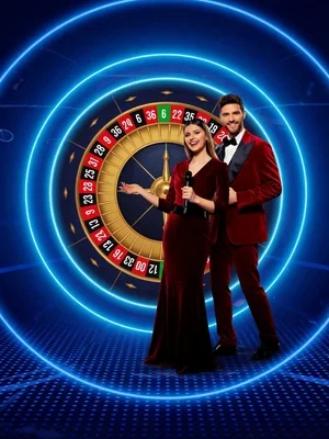 Ilustración de Mega Roulette con dos presentadores y ruleta entre aros azules