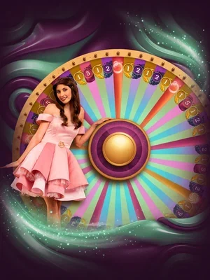 Ilustración de Sweet Bonanza CandyLand con presentadora de vestido rosa y rueda multicolor