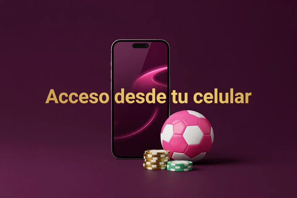 Celular con pantalla abstracta, balón y fichas con el texto Acceso desde tu celular