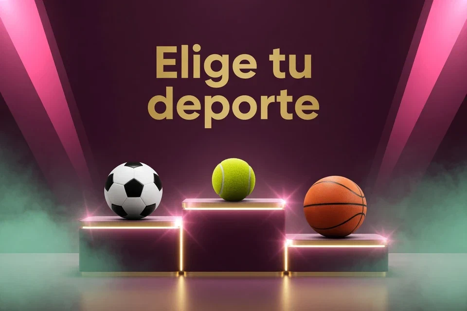 Balones de fútbol, tenis y baloncesto sobre pedestales con el texto Elige tu deporte