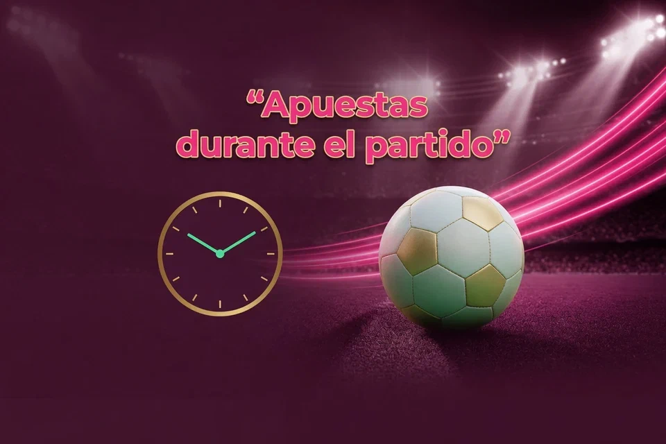 Balón de fútbol y reloj bajo luces de estadio con el texto Apuestas durante el partido