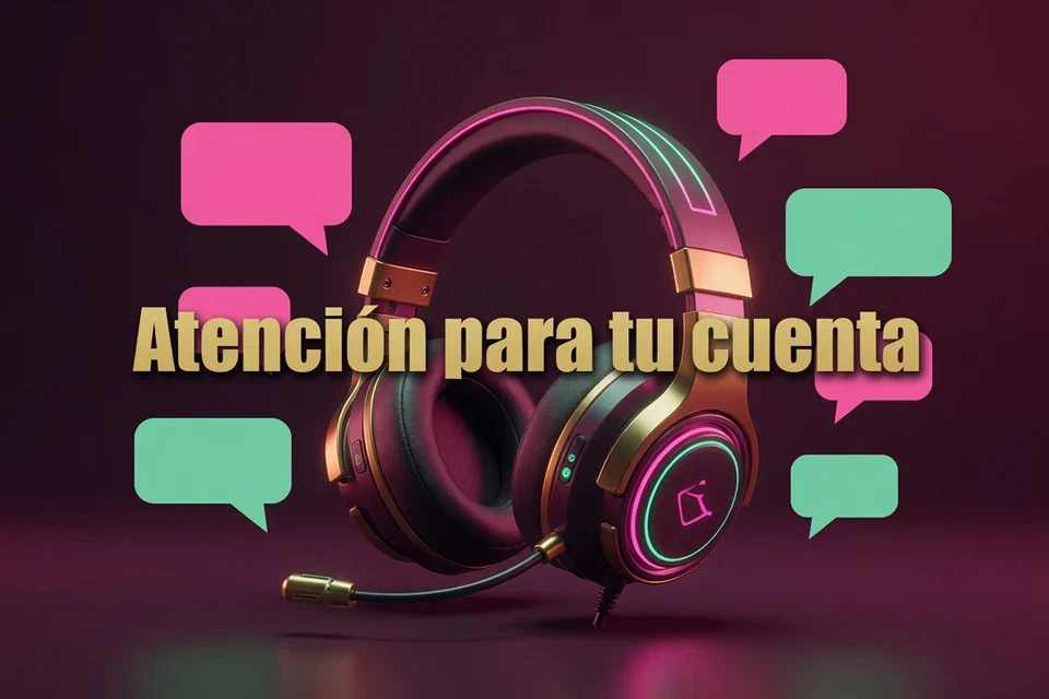 Audífonos con micrófono y burbujas de conversación con el texto Atención para tu cuenta