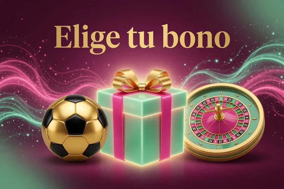 Caja de regalo entre un balón de fútbol y una ruleta con el texto Elige tu bono