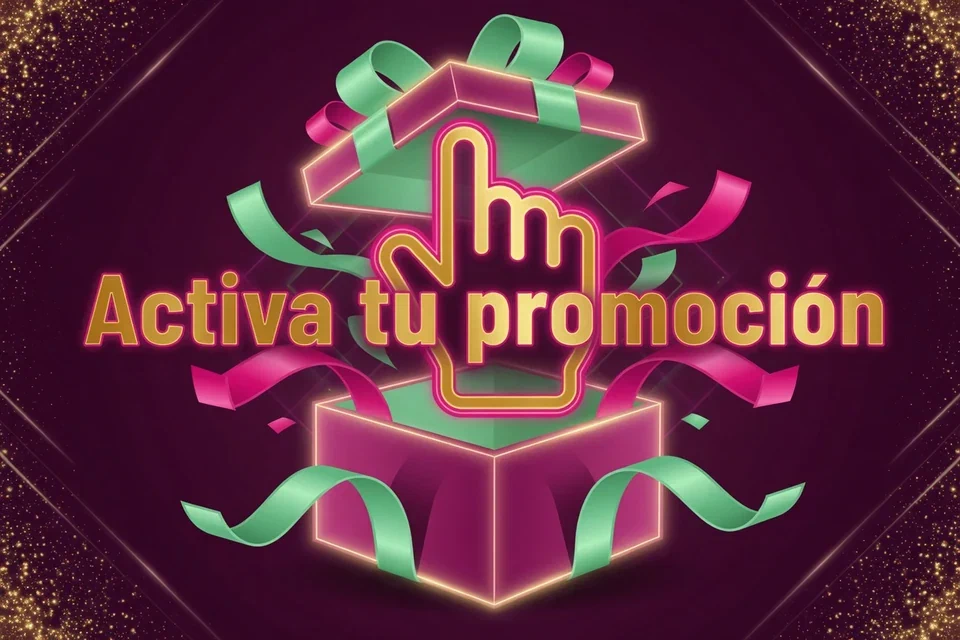Caja de regalo abierta y símbolo de selección con el texto Activa tu promoción