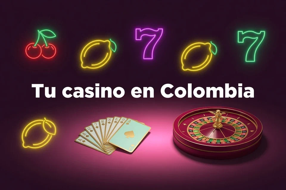 Cartas, ruleta y símbolos de tragamonedas con el texto Tu casino en Colombia