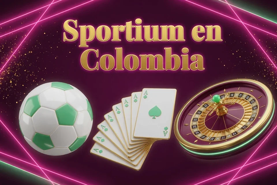 Balón de fútbol, cartas y ruleta con el texto Sportium en Colombia