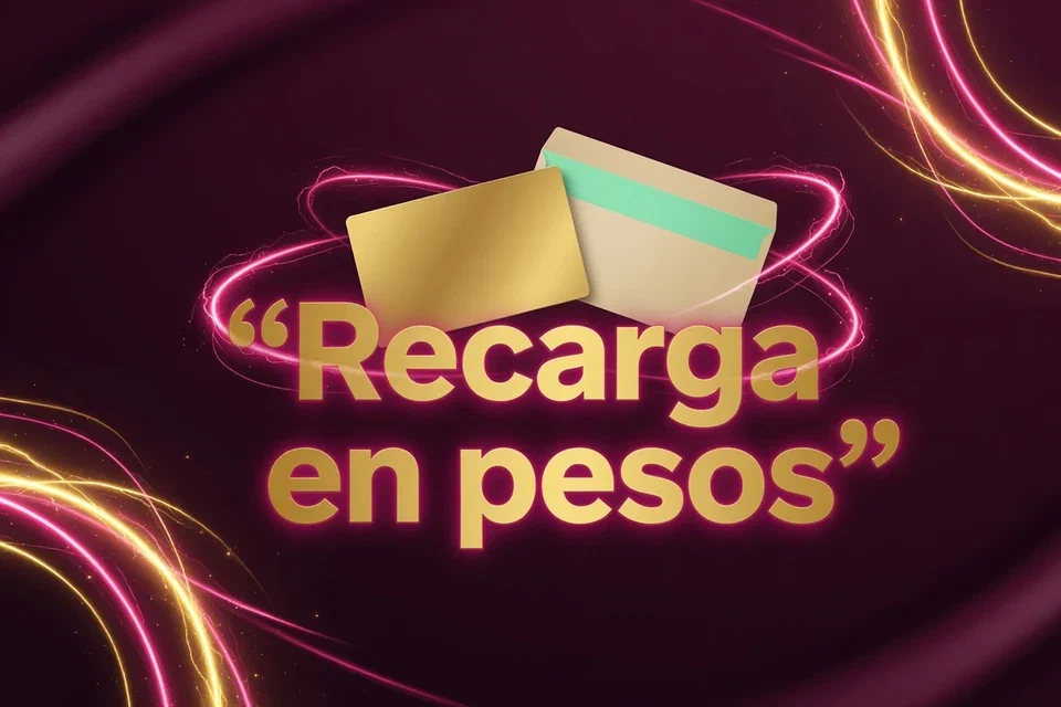 Dos tarjetas sin datos y luces de colores con el texto Recarga en pesos