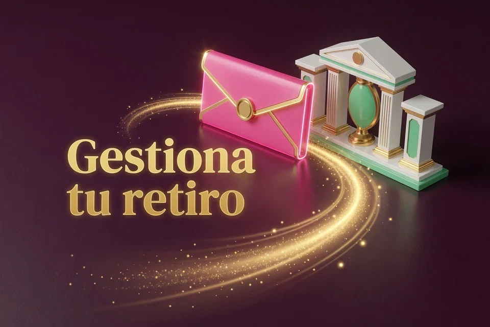 Sobre rosa y fachada bancaria ilustrada con el texto Gestiona tu retiro