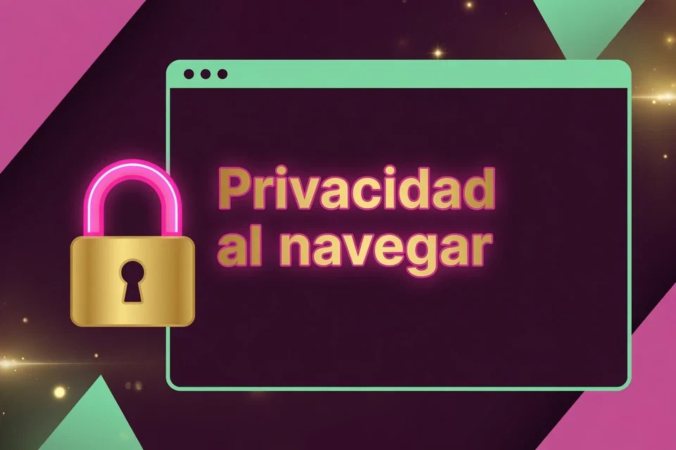 Candado dorado y ventana de navegador ilustrada con el texto Privacidad al navegar
