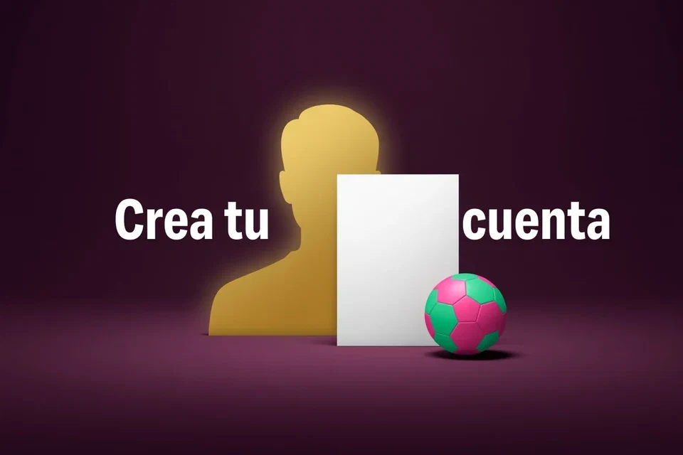 Silueta de perfil, documento en blanco y balón con el texto Crea tu cuenta
