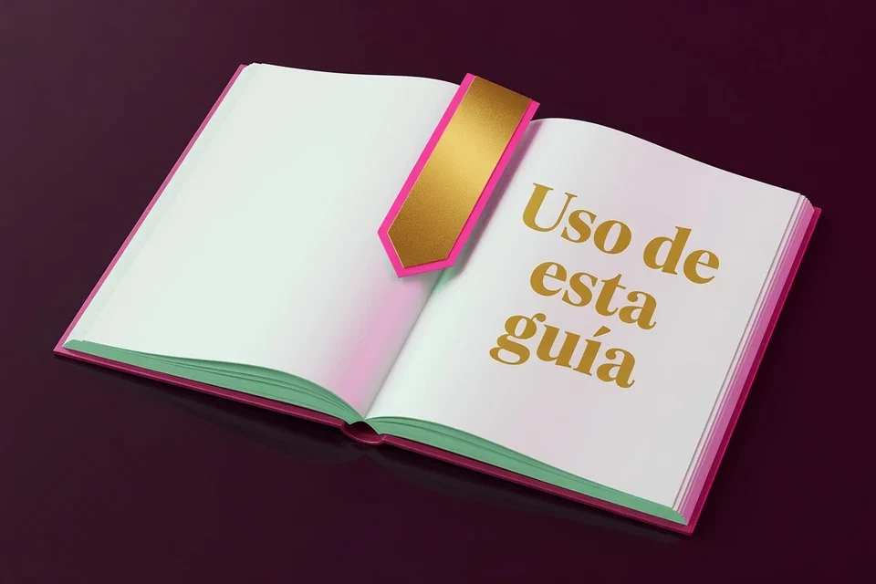 Libro abierto con separador dorado y el texto Uso de esta guía
